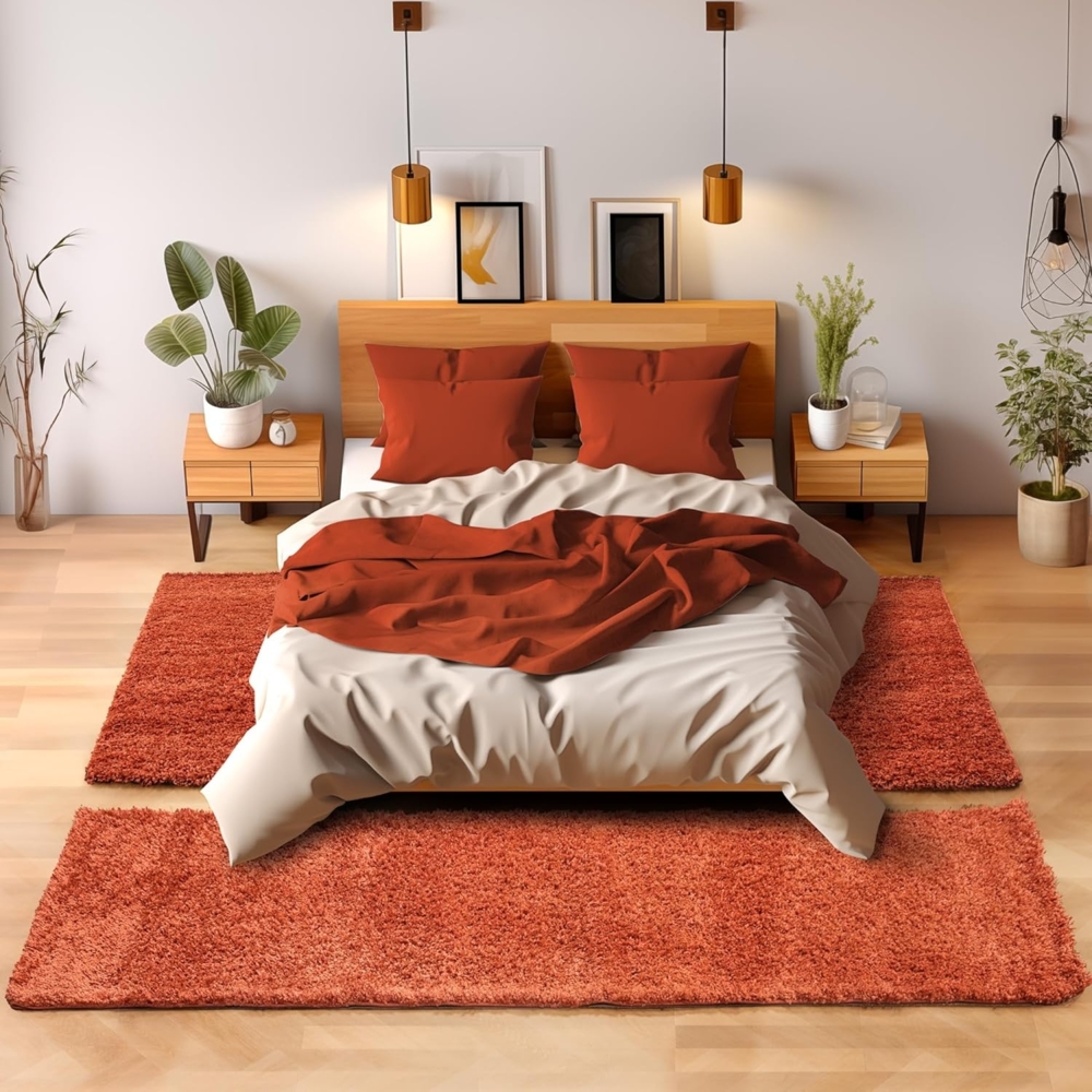 SIMPEX24 Hochflor-Bettumrandung Unicolor - Einfarbig, Höhe 30 mm, (Bett-Set, 3-tlg, Bettvorlage), Schlafzimmer Teppich Bettumrandung Läufer Set 3 teilig Bild 1