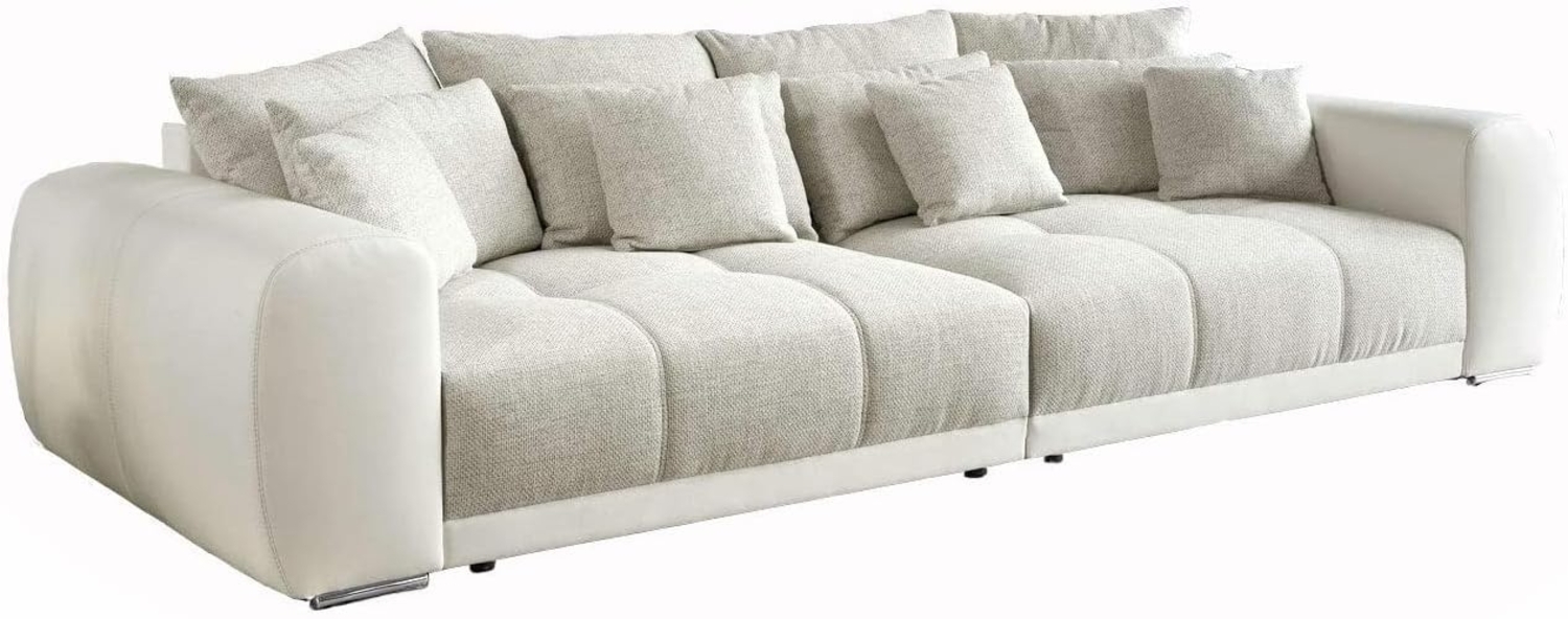 luma-home Big-Sofa 15113, XXL-Couch 306x134 cm mit Federkernpolsterung, viele Kissen, markante Steppungen, Kunstleder Weiß/Web-Strukturstoff Grau Beige Bild 1