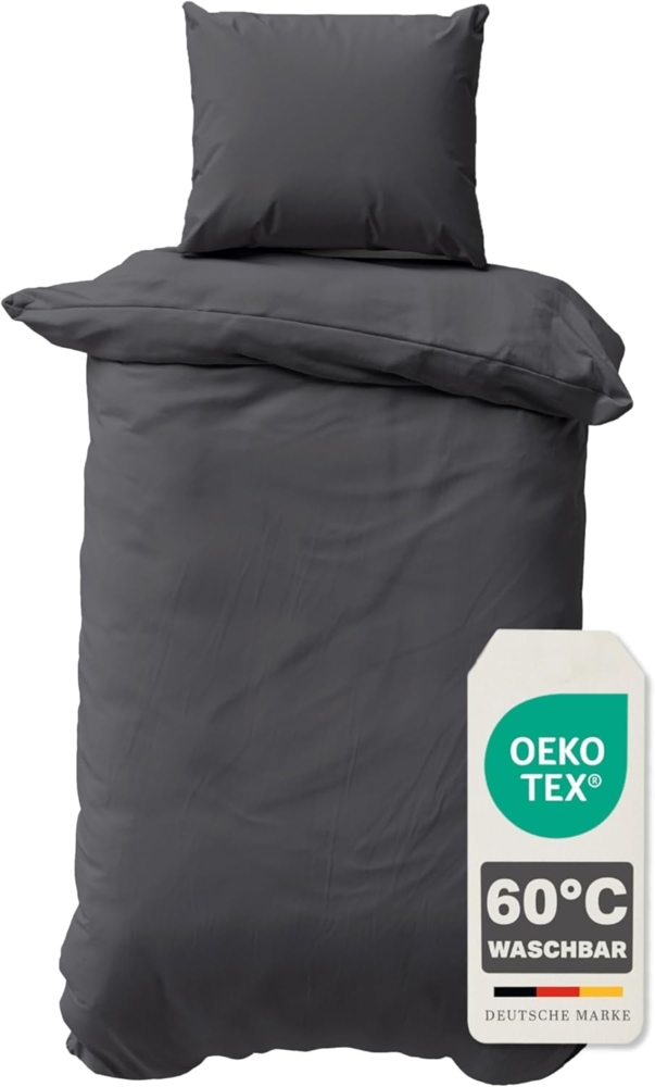 Müskaan - 2 teilig Renforcé Uni Bettwäsche mit Kopfkissen Garnitur, Reißverschluss - für Allergiker geeignet, atmungsaktiv, Anthrazit, 155x220 / 80x80 cm, 100% Baumwolle Bild 1