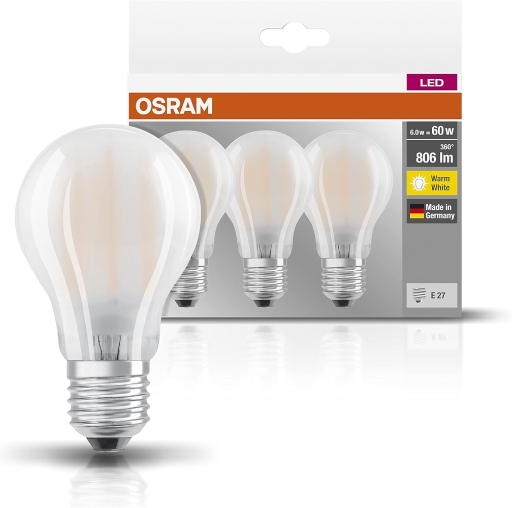 Osram LED Base Classic A, in Kolbenform mit E27-Sockel, Nicht Dimmbar, Ersetzt 60 Watt, Matt, Warmweiß - 2700 Kelvin, 3er-Pack Bild 1