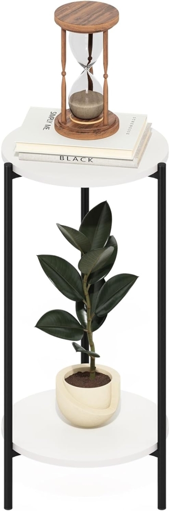 Furinno Besi 2-stöckiger moderner hoher runder Beistelltisch mit stabilen Metallbeinen, Weiß/Schwarz Bild 1