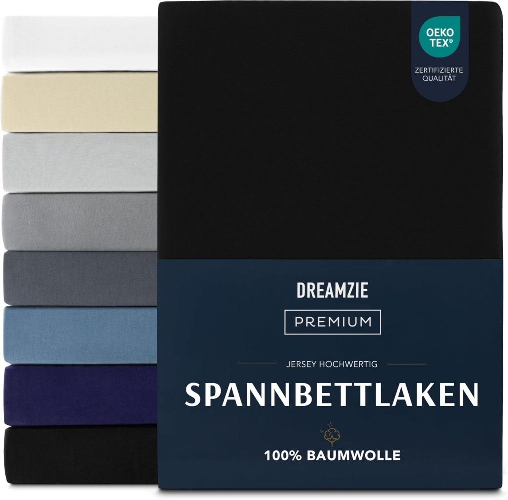 Dreamzie Premium Spannbettlaken 200x200 cm, Spannbetttuch für Dicke Matratzen bis zu 27 cm, Bettlaken 100% Jersey Baumwolle, 150 g/m², Oeko-TEX zertifiziert - Schwarz Bild 1