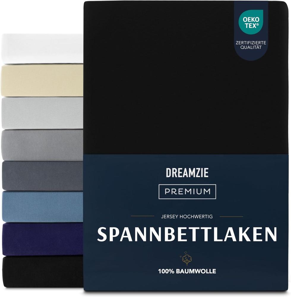 Dreamzie Premium Spannbettlaken 200x200 cm, Spannbetttuch für Dicke Matratzen bis zu 27 cm, Bettlaken 100% Jersey Baumwolle, 150 g/m², Oeko-TEX zertifiziert - Schwarz Bild 1