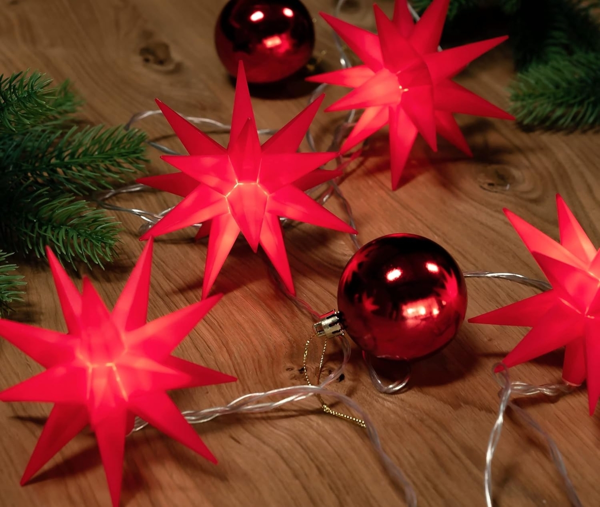 3D Leuchtstern Lichterkette mit 10 LED-Sternen, ca. 6,75m + Zuleitung, für Innenbereich und Außenbereich, warm-weiß beleuchtet, Timerfunktion (rot, 10er Stern-Lichterkette (Netzstecker)) Bild 1