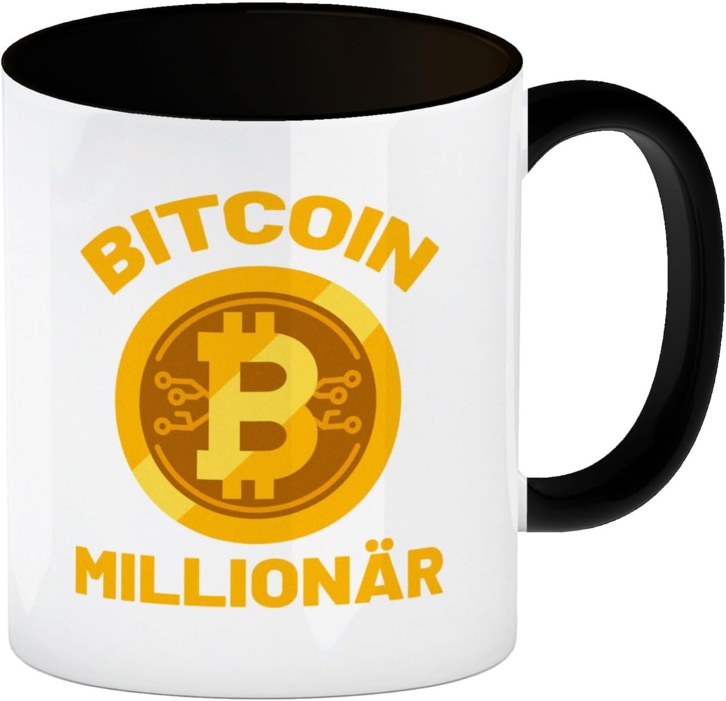 speecheese Tasse Bitcoin Millionär Kaffeebecher in schwarz mit Kryptowährung Bild 1