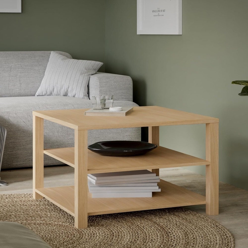 Forte CALASETTA Couchtisch 70, Boho Sofatisch mit Ablageflächen, Holzwerkstoff, Elegancia Eiche Holzdekor, 70 cm breit x 50 cm hoch x 70 cm tief Bild 1