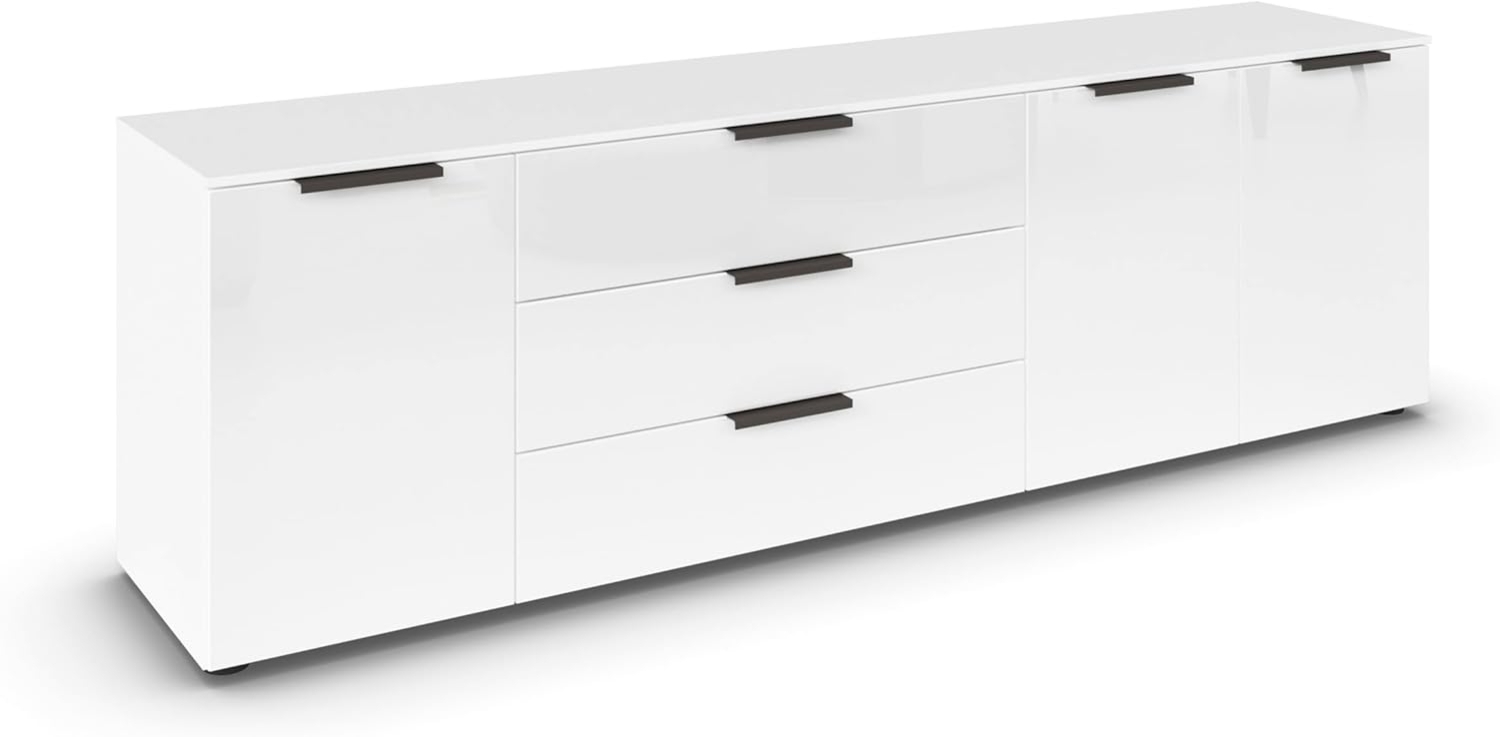 Rauch Möbel Flipp, Sideboard, TV-Schrank, Kommode mit Stauraum, Alpinweiß/Glasfront Weiß, 3-türig, Glastüren, 3 Schubkästen, Griffe Graphit, 199 x 61 x 42 cm Bild 1