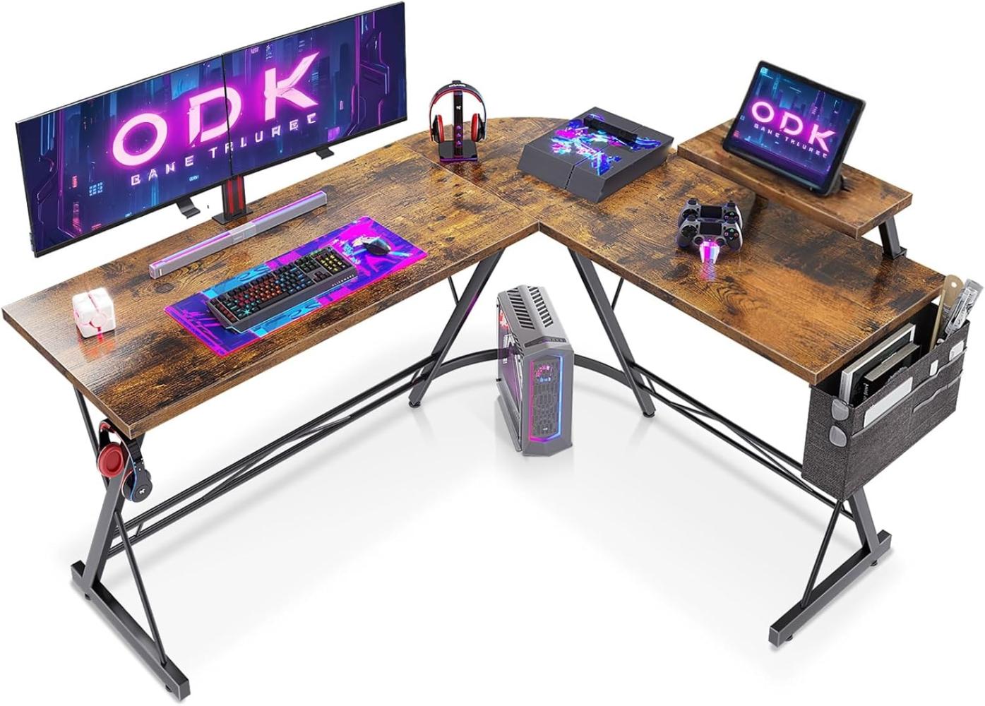 ODK L-förmiger Schreibtisch, Computertisch, Bürotisch mit runder Ecke, Gaming-Tisch mit Monitorablage, 147 x 120cm, Weinlese Bild 1