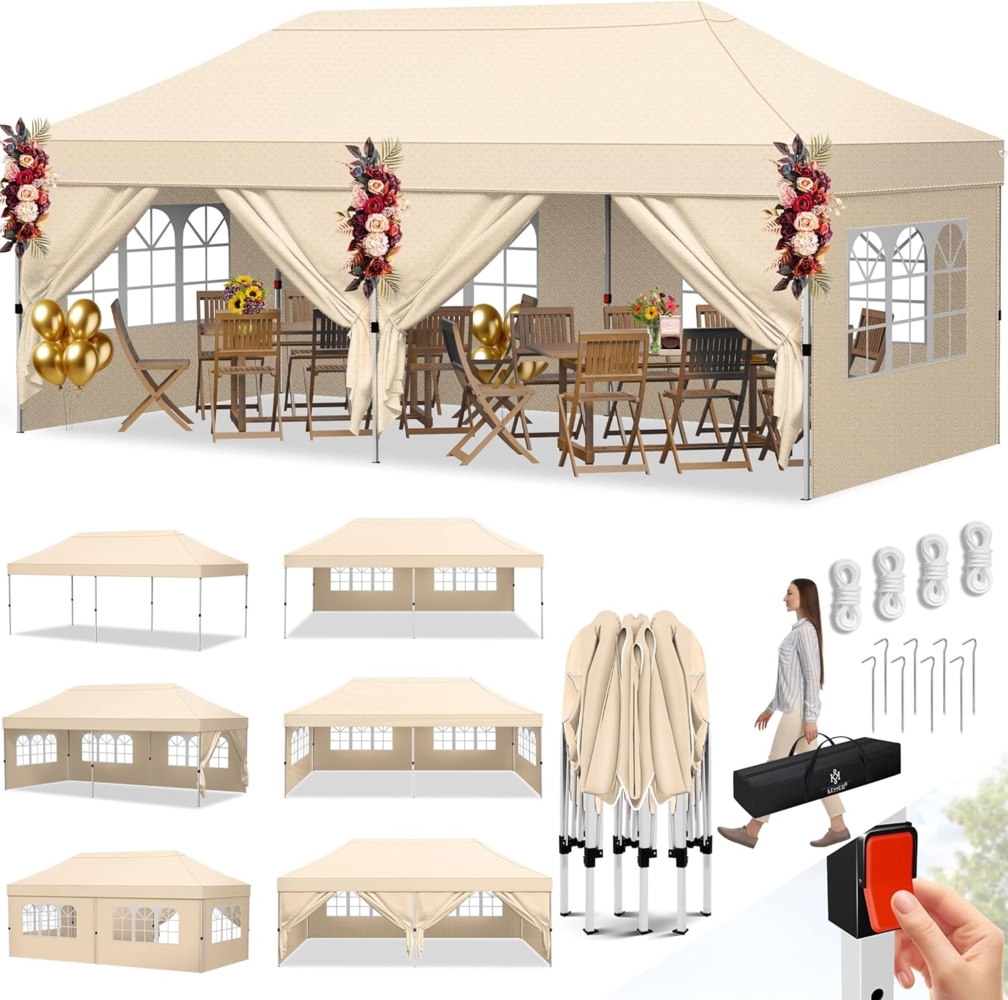 KESSER® Pavillon Faltpavillon 6x3m Festzelt mit 6 abnehmbaren Seitenwänden | Gartenzelt Höhenverstellbar & Wasserdicht + Tasche Bodenanker | Pop-Up Klicksystem UV-Schutz 50+ Partyzelt Beige Bild 1