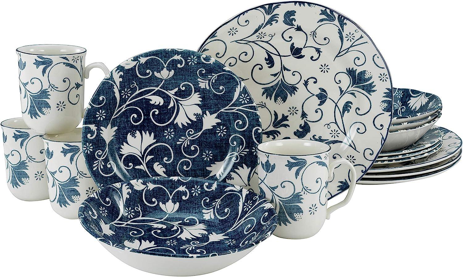 CreaTable 22258 Kombiservice Damask für 4 Personen, Steingut, blau/weiß (1 Set, 16-teilig) Bild 1