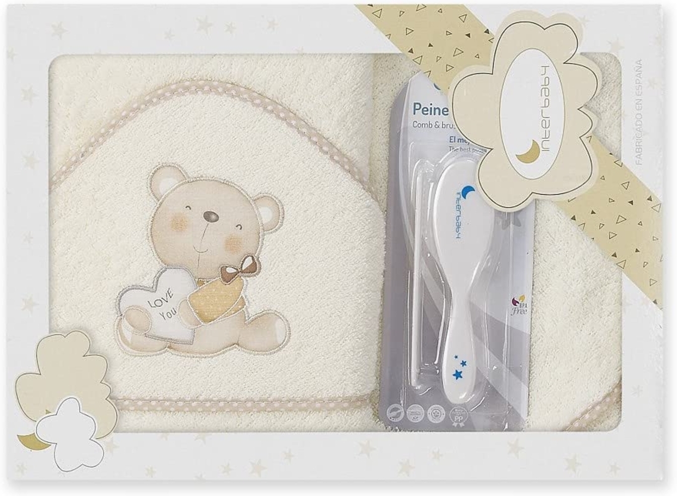 Interbaby P1177-05 Baby Kapuzenbadetuch LOVE YOU beige mit Kamm und Bürste, Beige Bild 1