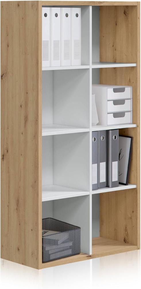 Vertikales oder horizontales Regal mit 8 Löchern, Bücherregal, Aufbewahrungssystem, Modell Noa, Finish in Eiche und Weiß Artikel, Maße: 71,5 cm (L) x 137 cm (H) x 33 cm (F) Wald Bild 1