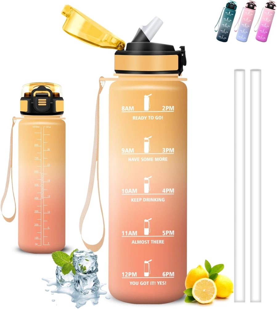 Trinkflasche 1l, Trinkflasche Sport, Wasserflasche mit Strohhalm, Leicht zu Reinigen, Wasserflasche Auslaufsicher, mit Motivierenden Slogans, Flasche Motivation, Flasche für Wandern, Camping, Yoga Bild 1