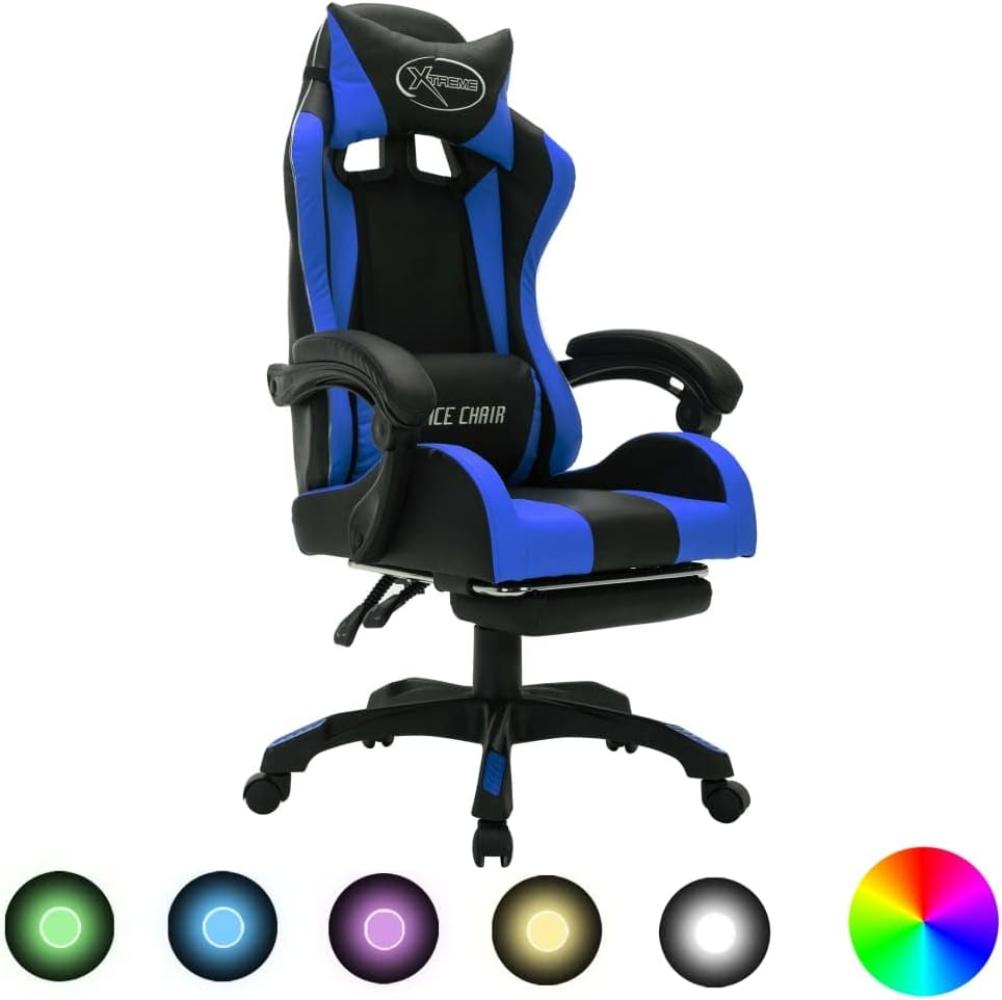 vidaXL Gaming Stuhl mit RGB LED-Leuchten Fußstütze Höhenverstellbar Chefsessel Bürostuhl Drehstuhl Schreibtischstuhl Sportsitz Racing Blau Schwarz Kunstleder Bild 1