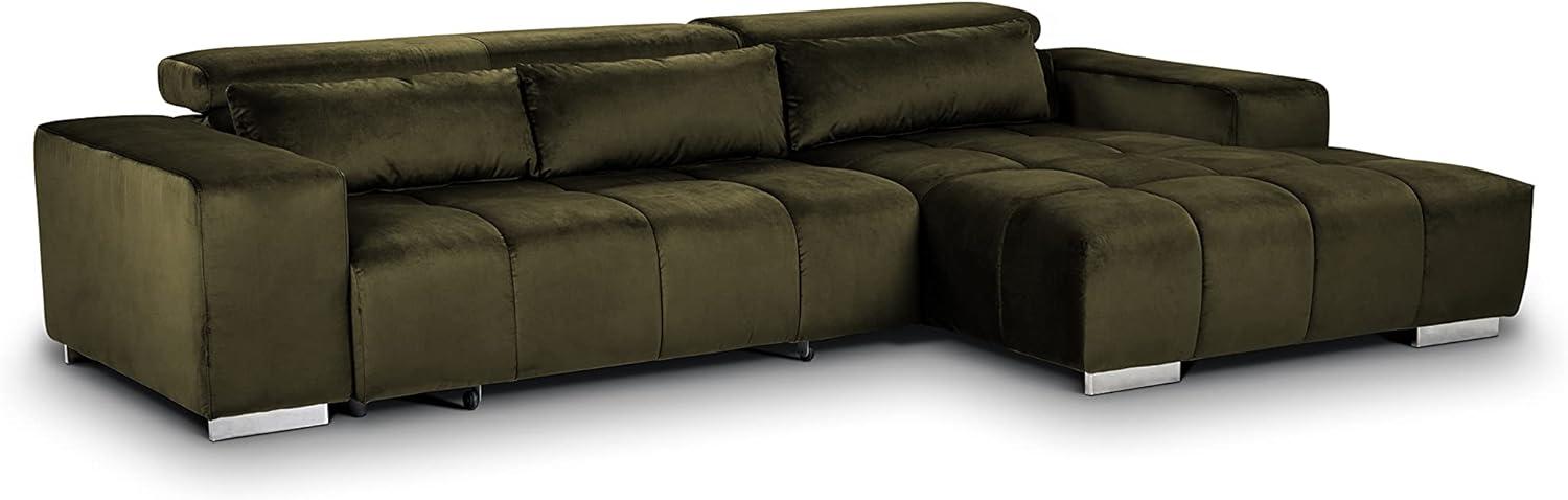 Mivano Ecksofa Orion / Große Eckcouch mit XL-Recamiere inkl. Relaxfunktion, Kopfteilfunktion und Kissen / 307 x 73 x 186 / Velours, Grün Bild 1