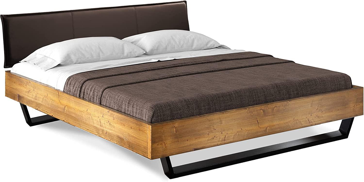 Möbel-Eins CURBY Kufenbett mit Polster-Kopfteil, Material Massivholz, rustikale Altholzoptik, Fichte, Kufen schwarz vintage 200x200 cm Kunstleder Braun ohne Steppung Bild 1