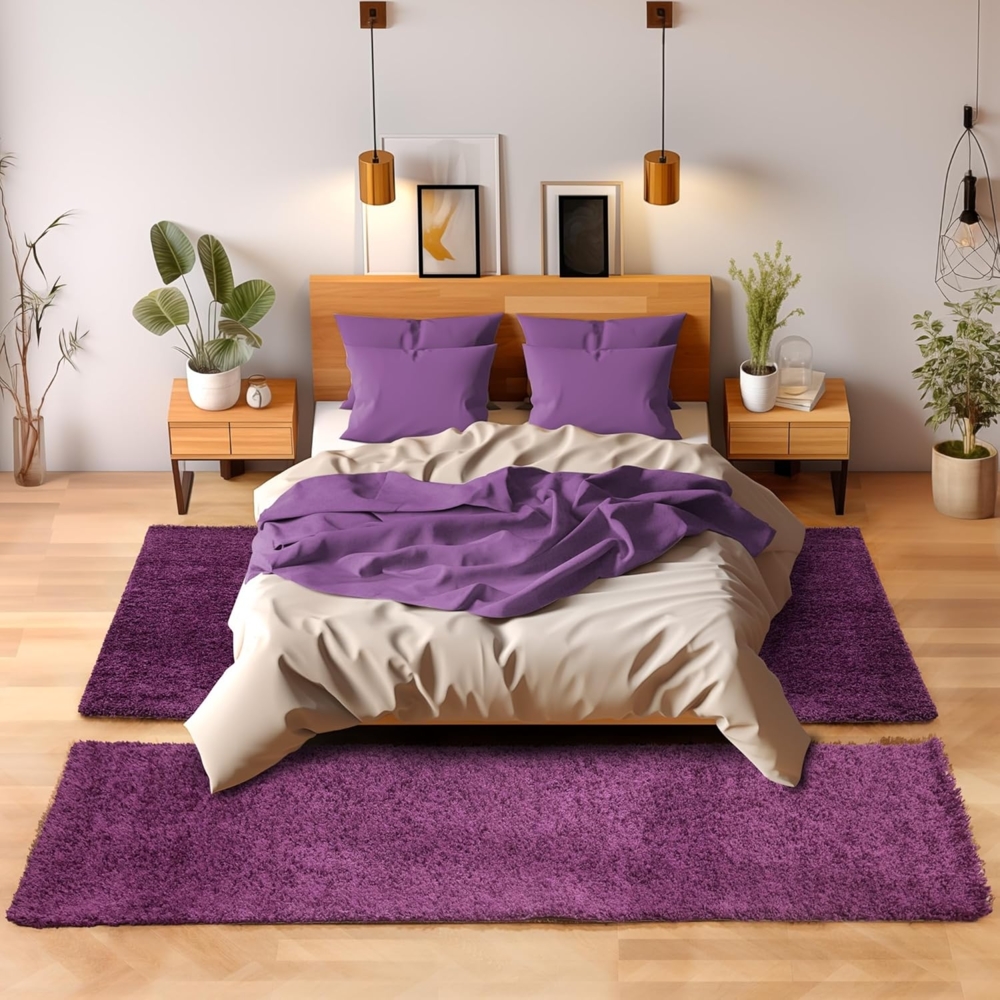 SIMPEX24 Hochflor-Bettumrandung Unicolor - Einfarbig, Höhe 30 mm, (Bett-Set, 3-tlg, Bettvorlage), Schlafzimmer Teppich Bettumrandung Läufer Set 3 teilig Bild 1