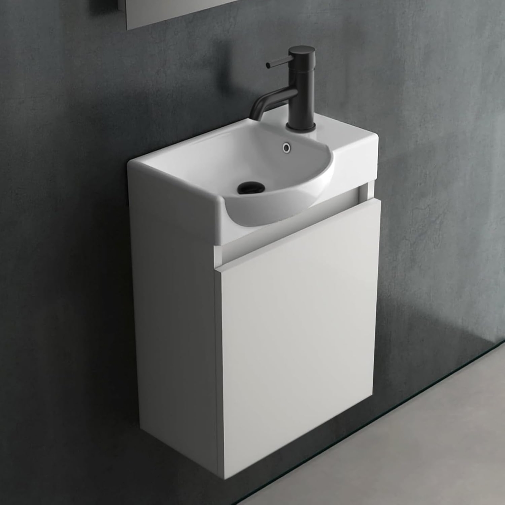 Alpenberger Hochglanz Weiß Waschbecken mit Unterschrank | Vormontiertes Hand-Waschbecken | Badmöbel-Set für Badezimmer & Gäste-WC | Keramik Handwaschbecken mit Überlaufschutz | Komplett-Set Bild 1