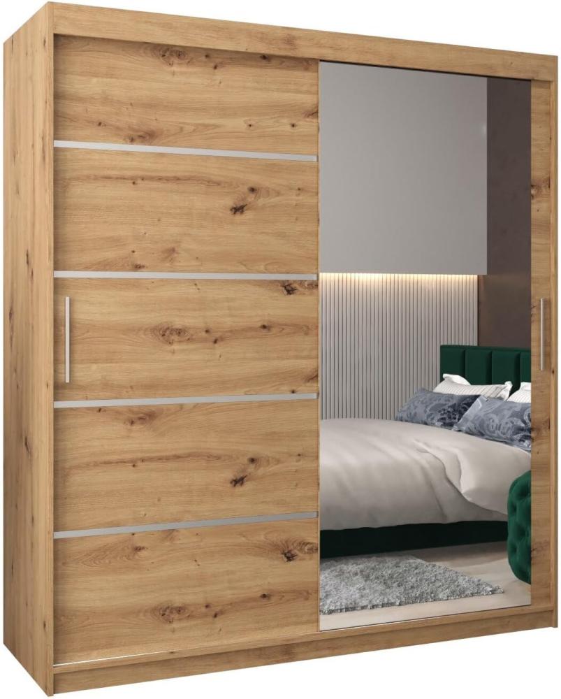 Kryspol Schwebetürenschrank Verona 2-180 cm mit Spiegel Kleiderschrank mit Kleiderstange und Einlegeboden Schlafzimmer- Wohnzimmerschrank Schiebetüren Modern Design (Artisan Eiche) Bild 1