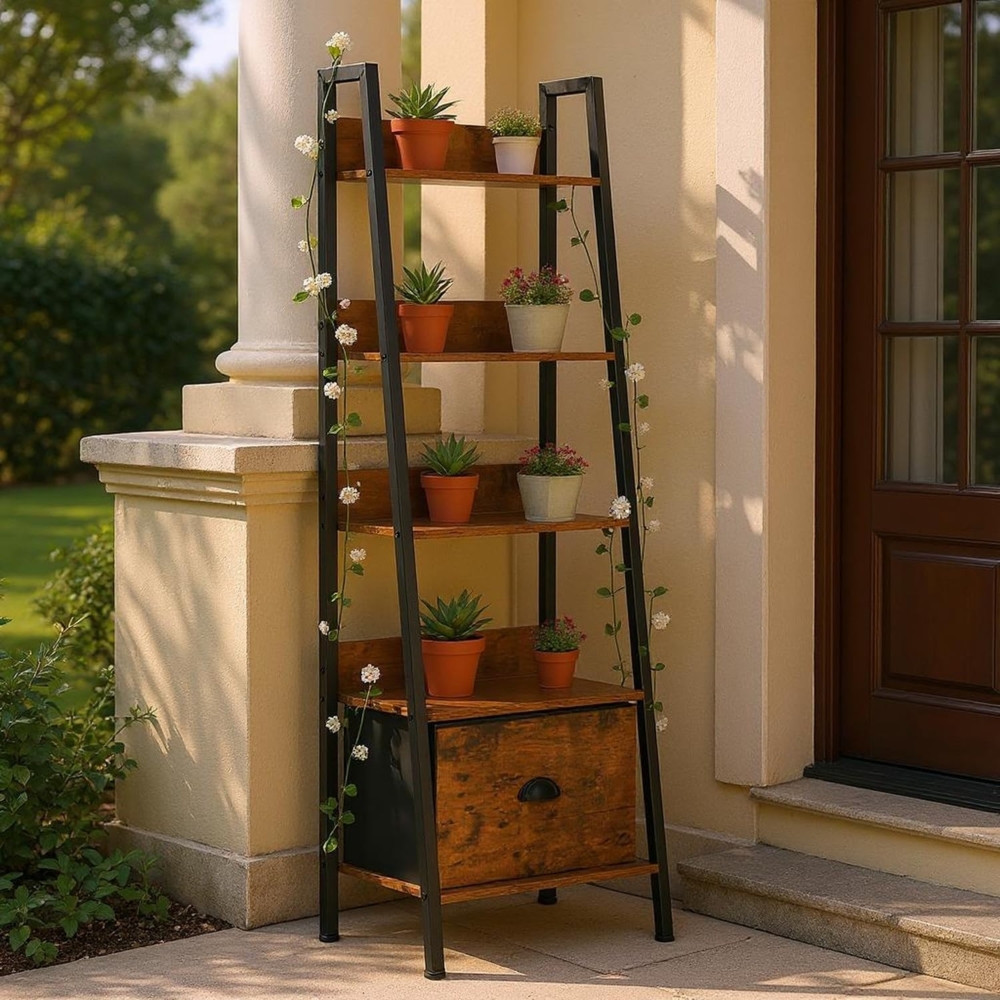 FurnitureR Pflanzenregal Leiterstil 42 x 29 x 141 cm, 5 Ebenen, Stoffschublade, 12 mm Holzplatten & 20 mm Metallrahmen, 7,5 cm Rückwand, Outdoor & Indoor Pflanzenständer Bild 1