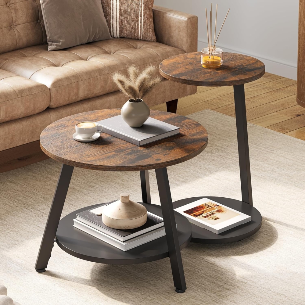 YITAHOME 2er Set Couchtisch Set Rund, Wohnzimmertisch mit Stauraum, Beistelltisch 2er Set Stapelbar mit Holzplatte und Metallrahmen, C-förmiger Beistelltisch, Couch Tisch Wohnzimmer, Rustikales Braun Bild 1