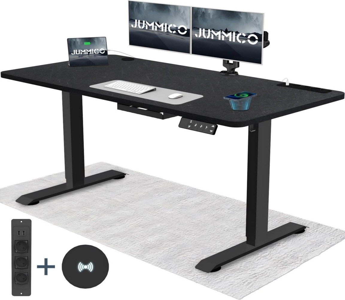 JUMMICO Höhenverstellbarer Schreibtisch mit Kabelloser Ladestation und Euro-Steckdose mit USB, Schreibtisch Höhenverstellbar Elektrisch Stehtisch, Standing Desk (Schwarze Felsplatte 160x80 cm) Bild 1