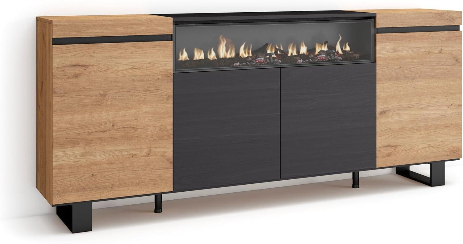 Skraut Home | Sideboard, Highboard | Kommode, Komodenschrank | 200x87x35cm | 4 Türen | Elektrokamin. Maße | Industriedesign | Moderner Stil | Eiche Schwarz Bild 1