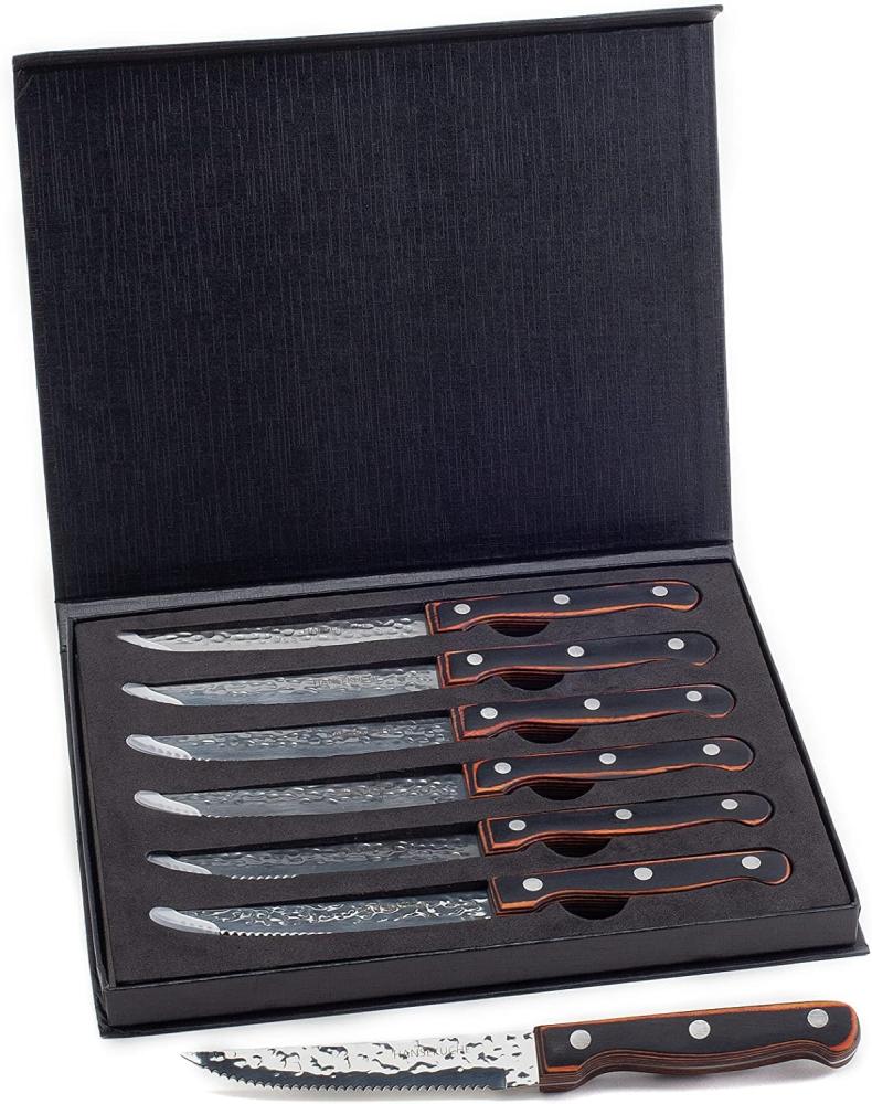 Hanseküche Steakmesser Steakmesser 6er Set – mit Holzgriff (Orange-Schwarz) (6 Stück), Modernes Design, Geschenkbox Bild 1