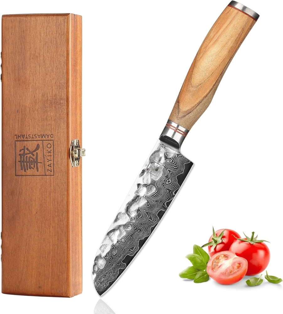 ZAYIKO Damastmesser "OLIVE kleines Santoku" - 12cm Klinge - Griff: Olivenholz - VG-10 Stahlkern Bild 1