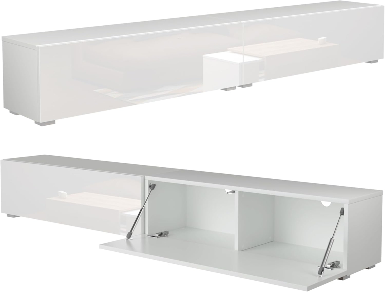 PLATAN ROOM Fernsehschrank TV-Lowboard 105/140 / 160/210 / 280 In Weiß Hängend Oder Stehend Hochglanz Matt (210 x 30 x 32, Weiß Matt/Weiß Hochglanz) Bild 1