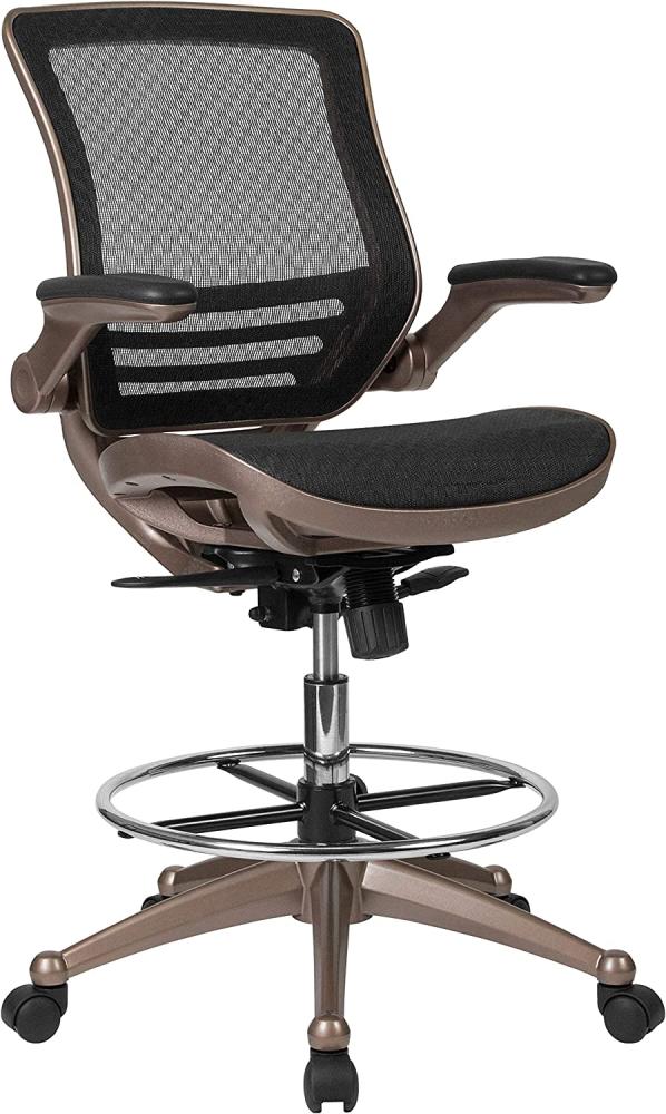 Flash Furniture Zeichenstuhl mit mittelhoher Rückenlehne – Ergonomischer Schreibtischstuhl mit hochklappbaren Armlehnen und verstellbarem Fußring – Bürostuhl für Home Office – Schwarz/Gold Bild 1