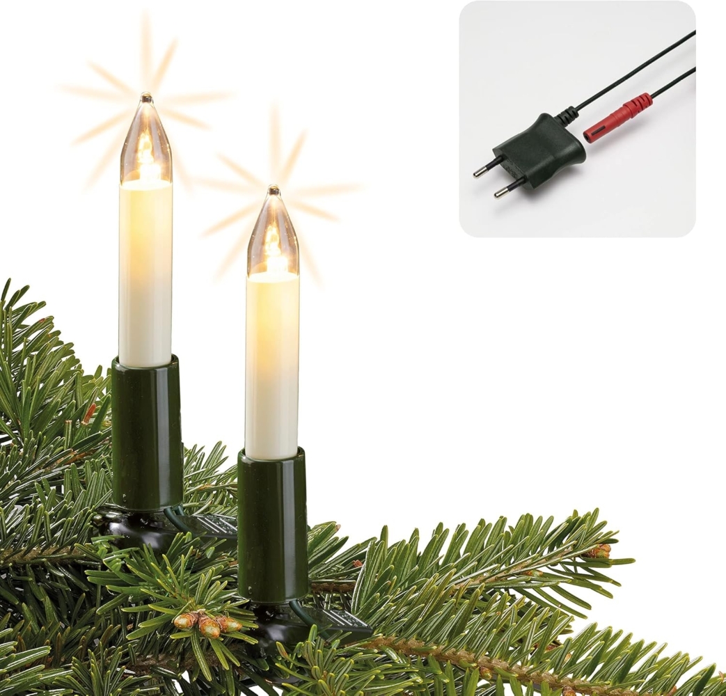 Hellum LED Lichterkette Weihnachtsbaum Made-in-Germany Christbaumbeleuchtung Kerzen Lichterkette innen mit Clip, 15 warm-weiße LED, beleuchtete 980 cm, Kabel grün, für Innen mit Stecker 801545 Bild 1