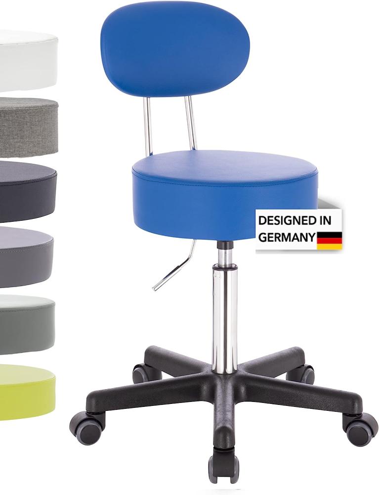 1stuff Rollhocker Squash 35 mit Lehne BACKLIKE - ca. 51 - 71 cm Sitzhöhe - kompakter Bürohocker - Praxis-Hocker mit gebremsten Rollen - Drehhocker mit Rollen - Sitzhocker Blau Bild 1