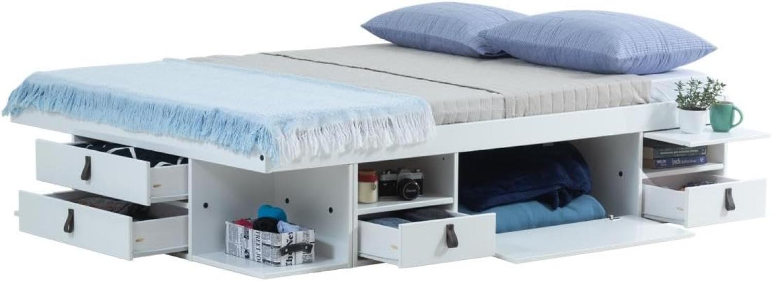 Funktionsbett Bali 140x200 Weiss - Schrankbett mit viel Stauraum u. Schubladen, optimal für kleine Schlafzimmer - Bett mit Aufbewahrung aus MDF Weiss lackiert – Schubladenbett inkl Lattenrost Bild 1