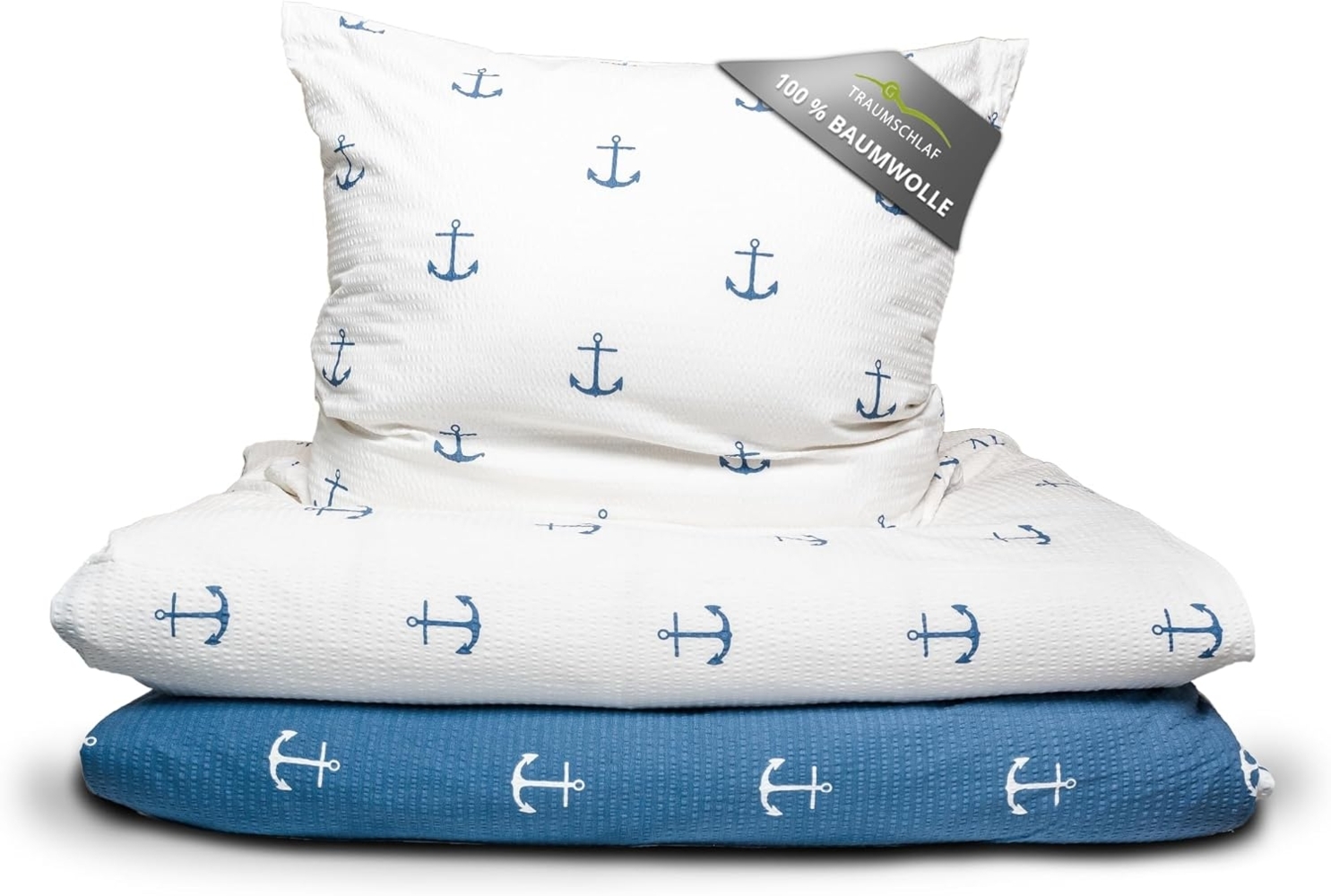 TRAUMSCHLAF Bettwäsche Anker, Seersucker, 2 teilig, maritimes Design in bügelfreier Qualität Bild 1