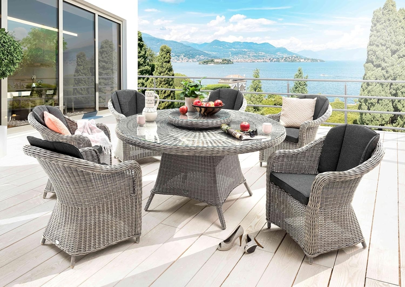 Destiny Garten-Essgruppe MALAGA LUNA, (Set, 7-tlg, 1 Tisch, 6 Sessel, 1x Drehteller), (Set,19-tlg, 6xSessel, 1 Tisch Ø 150x75 cm), Aluminium, Polyrattan Bild 1