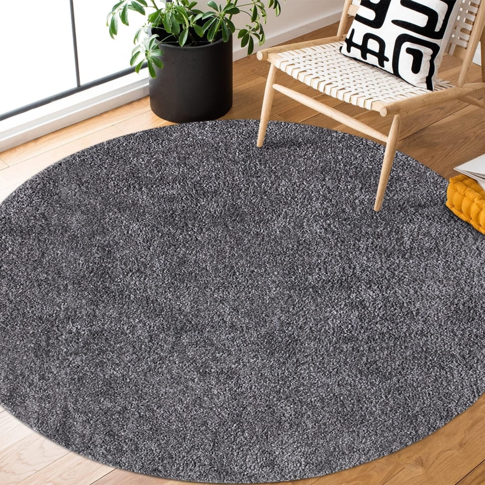 Teppich Rund Hochflor Shaggy - 200x200cm - Anthrazit Einfarbig Uni Flauschig Modern Boho Wohnzimmer Schlafzimmer Deko Teppiche Weich Schlafzimmer Bild 1