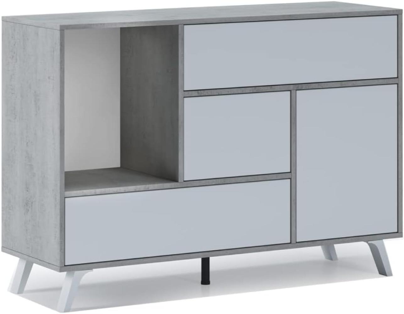 Skraut Home – Sideboard für Wohn- oder Esszimmer – 86 x 120 x 40 cm – Buffet mit 1 Tür + 3 Schubladen – Windmodell – widerstandsfähiges Holz – Zement/weißes Finish Bild 1