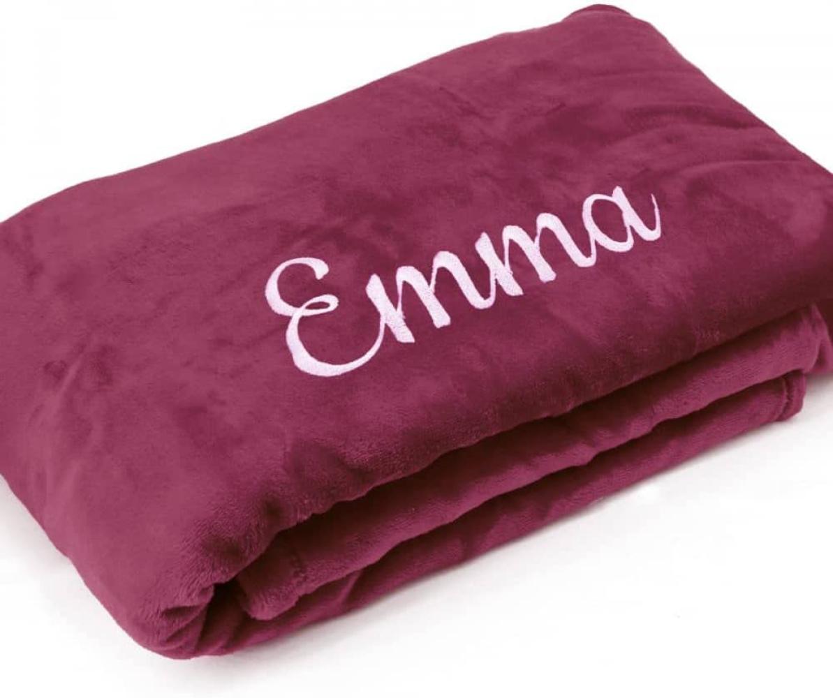 Kuscheldecke XXL mit Namen oder Wunschtext Bestickt - extra große 240x220 cm gemütliche Sofadecke Wohndecke, weiches Fleece, personalisiertes Geschenk für Männer und Frauen - Bordeaux Bild 1