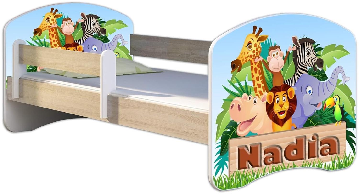 Kinderbett Jugendbett mit einer Schublade und Matratze Sonoma mit Rausfallschutz Lattenrost ACMA II 140x70 160x80 180x80 (02 Animals name, 180x80) Bild 1