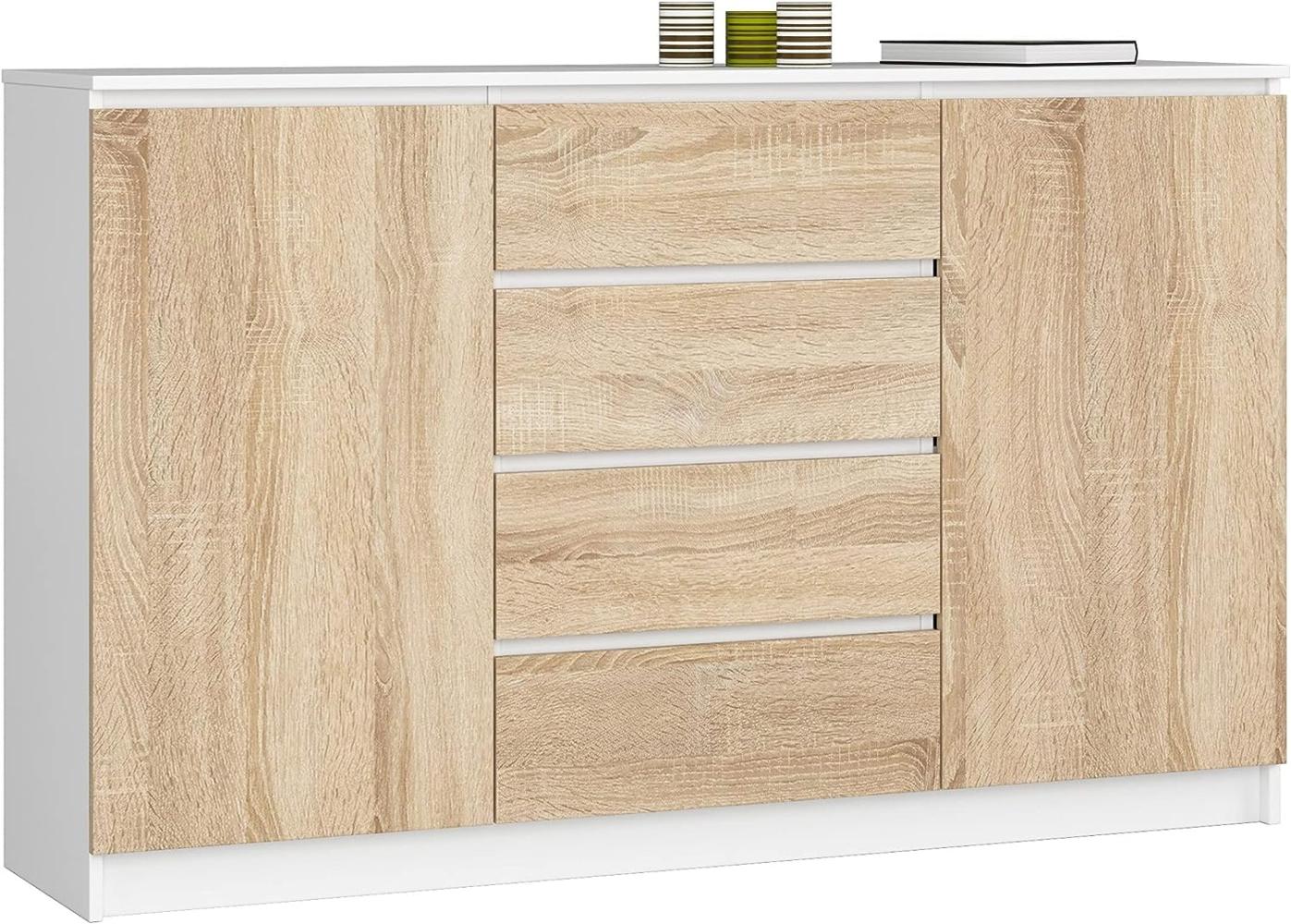 AKORD Kommode K 160 cm | 4 Schubladen und 2 Türen | für Wohnzimmer Schlafzimmer Schrank Wohnzimmer | Modernes Funktionelles Design | 16mm laminierte Platte | Farbe Weiß/Sonoma Bild 1