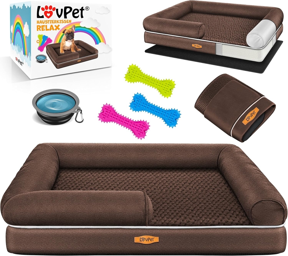 Lovpet® Orthopädisches Hundebett Hundekissen Hundekorb Relax, Inkl. Napf + 3X Kauknochen, Hundesofa für Kleine, Mittelgroße & Große Hunde, Bezug abnehmbar und waschbar, Braun, XL (120 x 85 x 25 cm) Bild 1