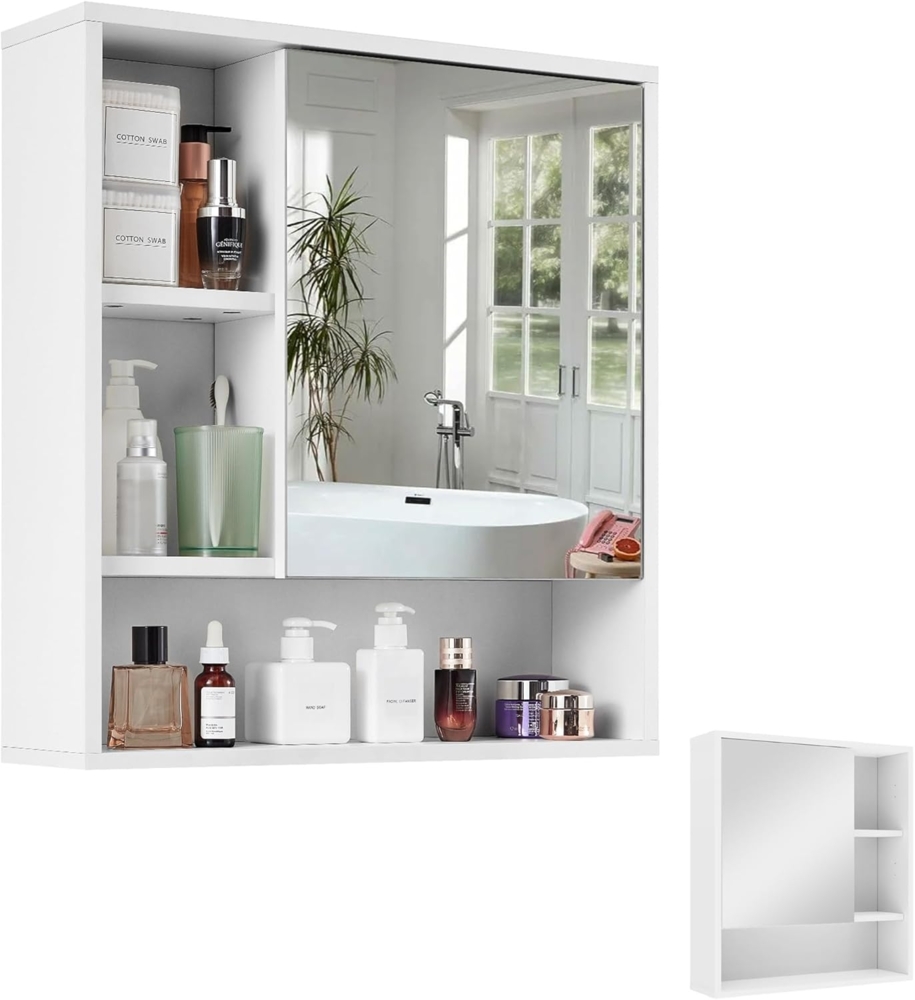 Mondeer Badezimmerschrank mit Spiegel, Spiegelschrank Bad der Wand montiert mit 1 Tür und verstellbare Ablagen Moderner Stil, 55 x 15 x 60 cm, Weiß Bild 1