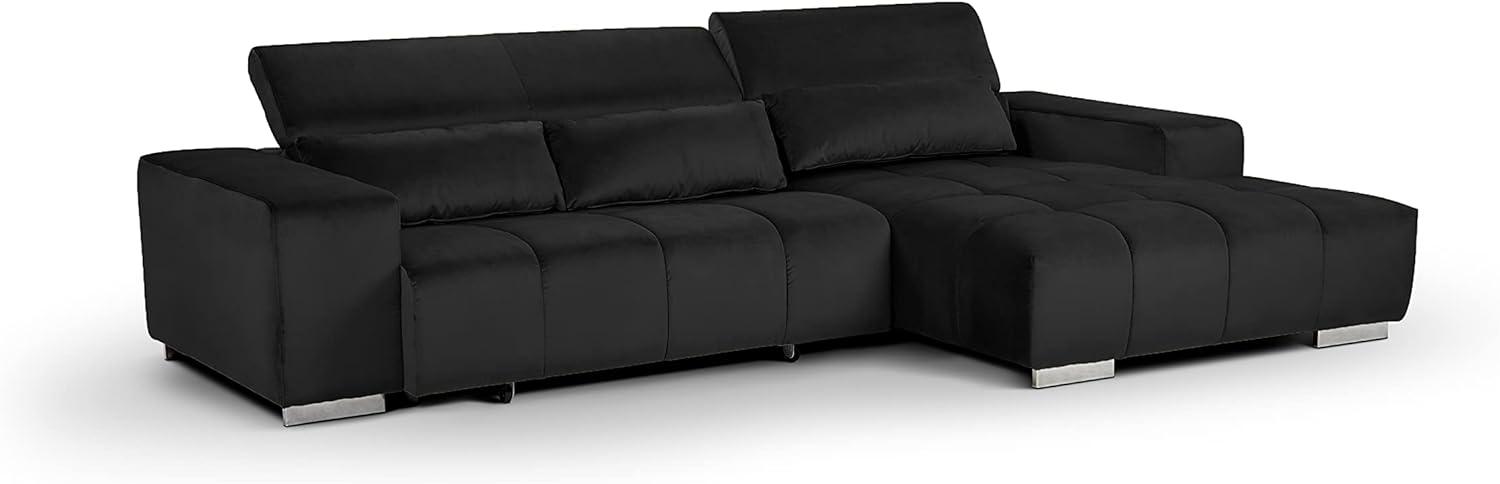 Mivano Ecksofa Orion / Große Eckcouch mit XL-Recamiere inkl. Relaxfunktion, Kopfteilfunktion und Kissen / 307 x 73 x 186 / Velours, Schwarz Bild 1