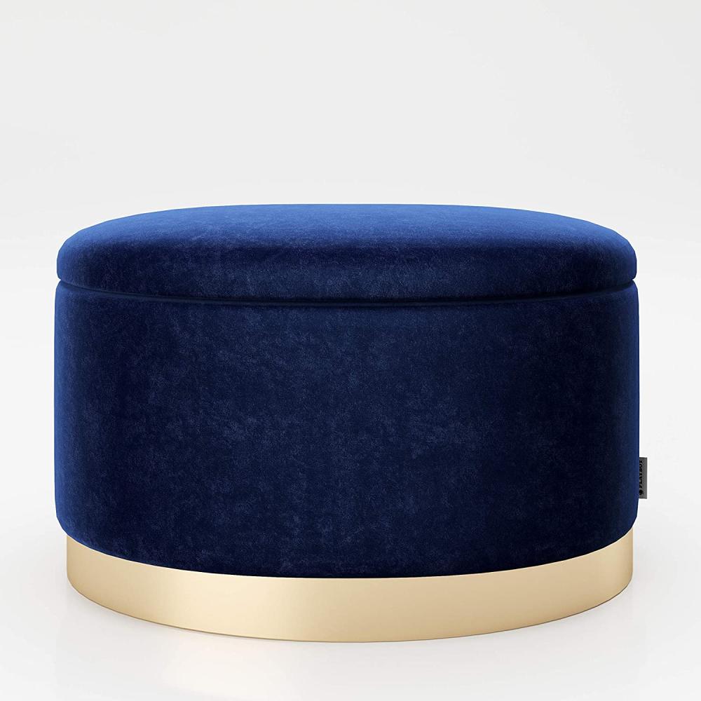 PLAYBOY - ovaler Pouf "ROSANNE" gepolsterter Sitzhocker mit Stauraum, Samtstoff in Blau, goldener Metallfuss, Retro-Design Bild 1