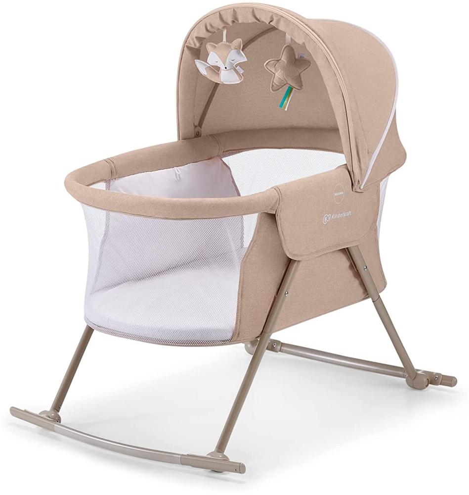 Kinderkraft Babybett 3 in 1 LOVI, Wiege, Reisebett, Wippe, einfaches Zusammen- und Ausklappen, verstellbarer Baldachin, mit Zubehör, Matratzenbezug, inklusive Spielzeug, Transporttasche, Grau Bild 1