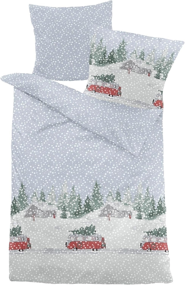 Dormisette Fein Biber Bettwäsche 155x220 Bus Schnee Bäume Winter 8072-52 Bild 1