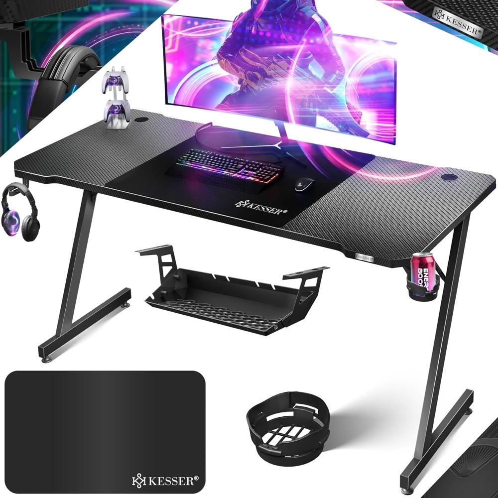 KESSER® Gaming Tisch LED | Z-Form Gamer Schreibtisch | Kopfhörerhaken & Kohlebeschichtung | Ergonomischer PC Computertisch | Stabiler Tisch mit Mauspad & Getränkehalter Schwarz Carbon, 160 x 60 cm Bild 1