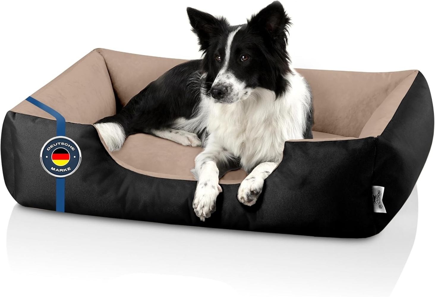 BedDog Hundebett LUPI, Hundesofa aus Cordura, Microfaser-Velours, waschbares Hundebett mit Rand, Hundekissen vier-eckig (L) ca. 80x65x18cm, NAMIB-BLACK (schwarz/beige) Bild 1