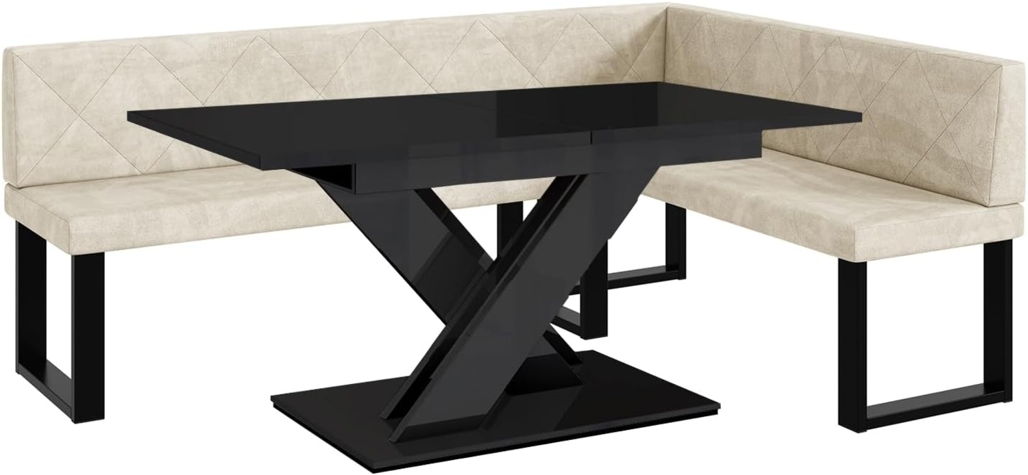 MEBLINI Eckbank für Esszimmer mit ausziehbarem Tisch - Küchenbank - Essecke - Sitzecke Küche - ERIC - U-Beine 142 x 196 x 87 cm Rechts - Creme Samt/B Schwarz Hochgl. Bild 1